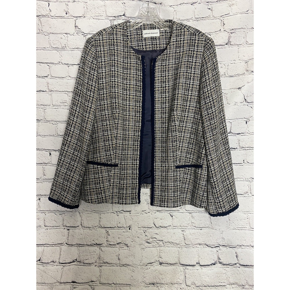 Alfred Dunner Blazer Blue Tan Tweed Open Front Sz 14 Business Casual Granny Core